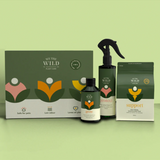 We The Wild Essential Plant Care Kit with various healthy, lush green plants in natural pots, perfect for plant care enthusiasts.