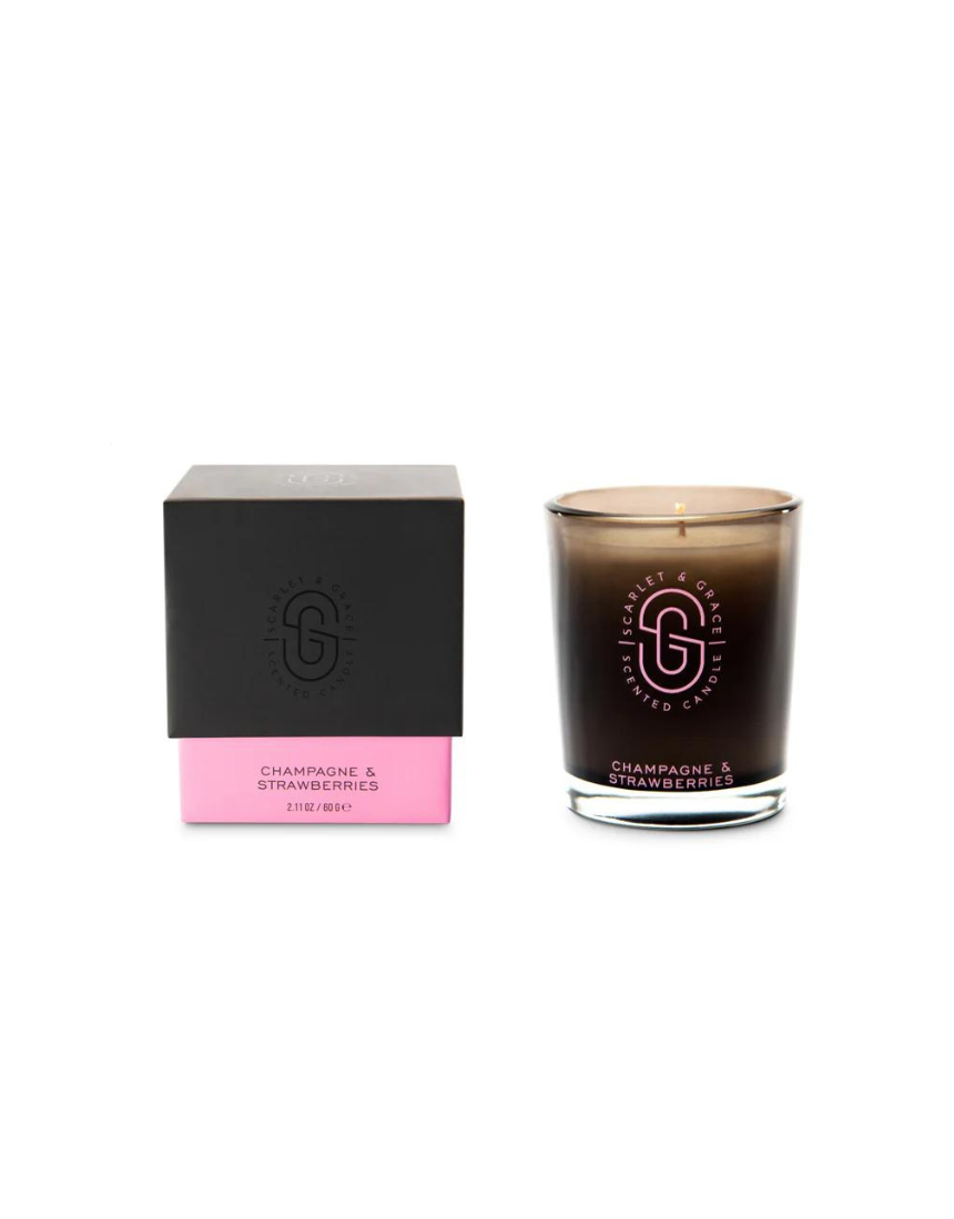 Scarlet & Grace Champagne & Strawberries 60g candle with a elegant design, perfect for adding a luxurious fragrance to your space.