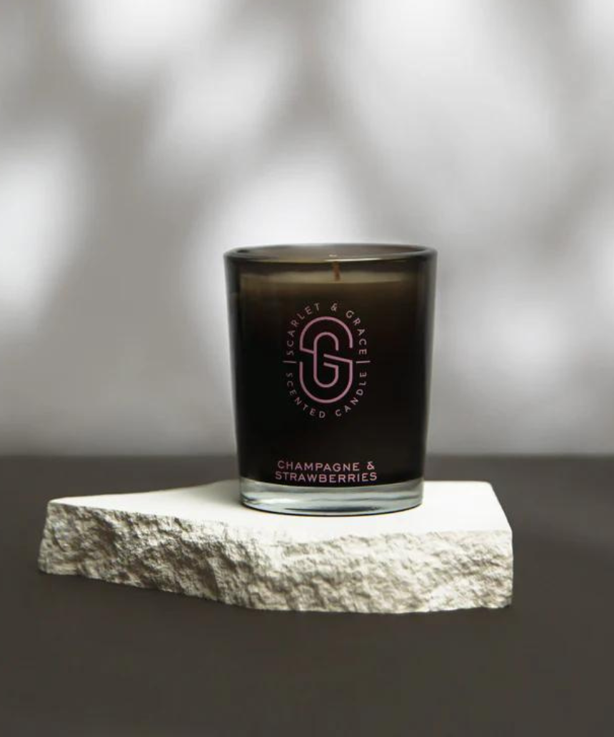 Scarlet & Grace Champagne & Strawberries 60g candle with a decorative wax seal and elegant label on a white background.