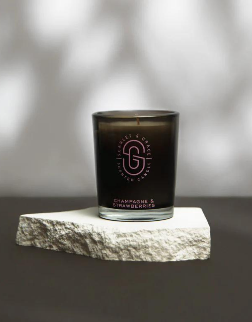 Scarlet & Grace Champagne & Strawberries 60g candle with a decorative wax seal and elegant label on a white background.