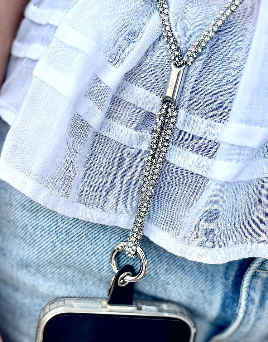 Salty Safari cross body phone strap with sparkling diamonte embellishments and adjustable strap design.