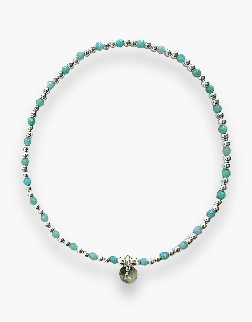 Sterling silver Amazonite love bracelet with natural blue-green stones and delicate silver accents, designed by Petals Australia.