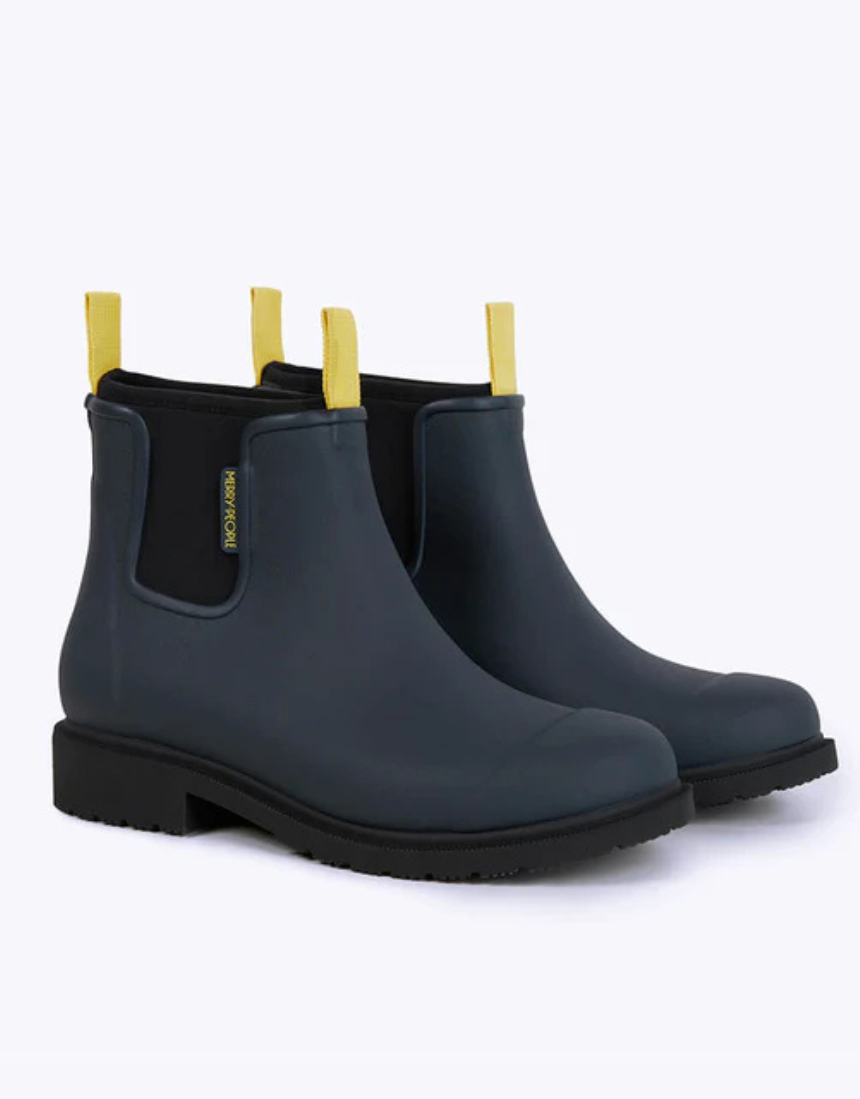 Merry People Bobbi gumboots in midnight color, waterproof rubber rain boots for women, with a sleek, matte finish and sturdy sole.