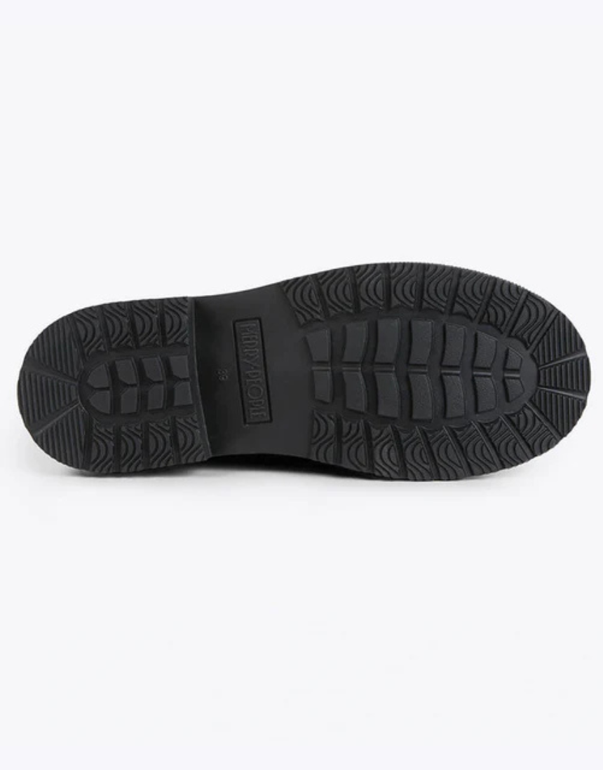 Merry People Bobbi Gumboot Midnight in navy blue waterproof rubber boots with sturdy soles and a sleek, stylish design.