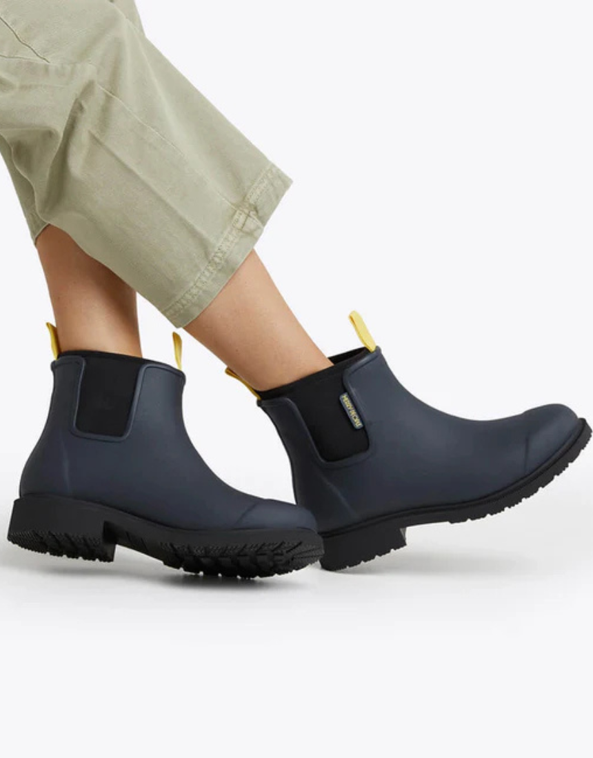 Merry People Bobbi gumboots in midnight blue, waterproof rubber footwear with a glossy finish and sturdy sole.