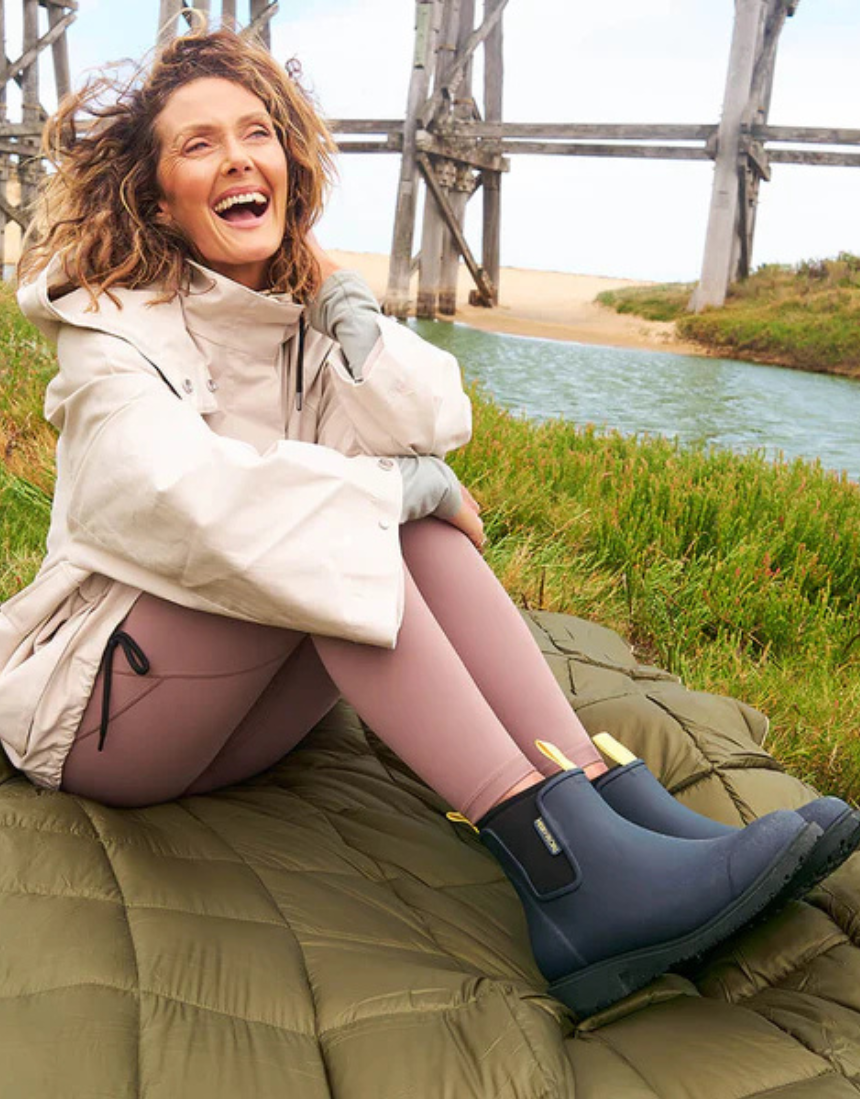 Merry People Bobbi Gumboot Midnight in navy blue rain boots with waterproof design and chunky sole for outdoor wear.