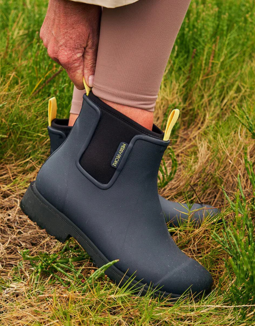 Merry People Bobbi Gumboot in Midnight color, waterproof rubber boots with a stylish design, suitable for rainy weather.
