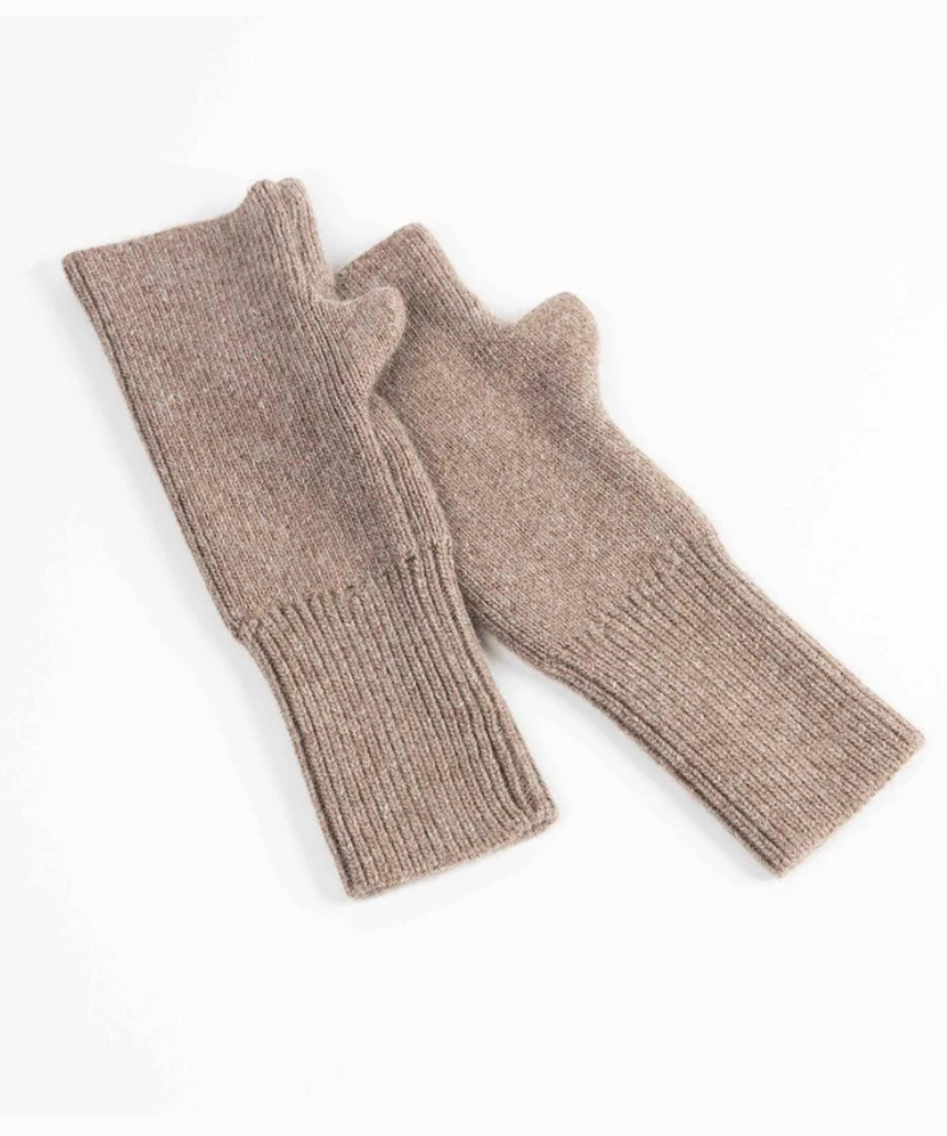 Beige Julia Mittens by Maison Fanli featuring soft knit gloves with a cozy, stylish design for cold weather.