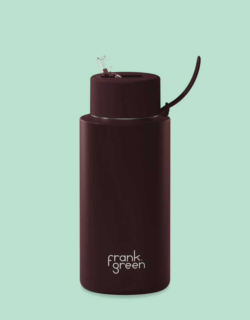 Frank Green 1L chocolate drinkwear bottle with sleek design and durable material, ideal for keeping beverages hot or cold.