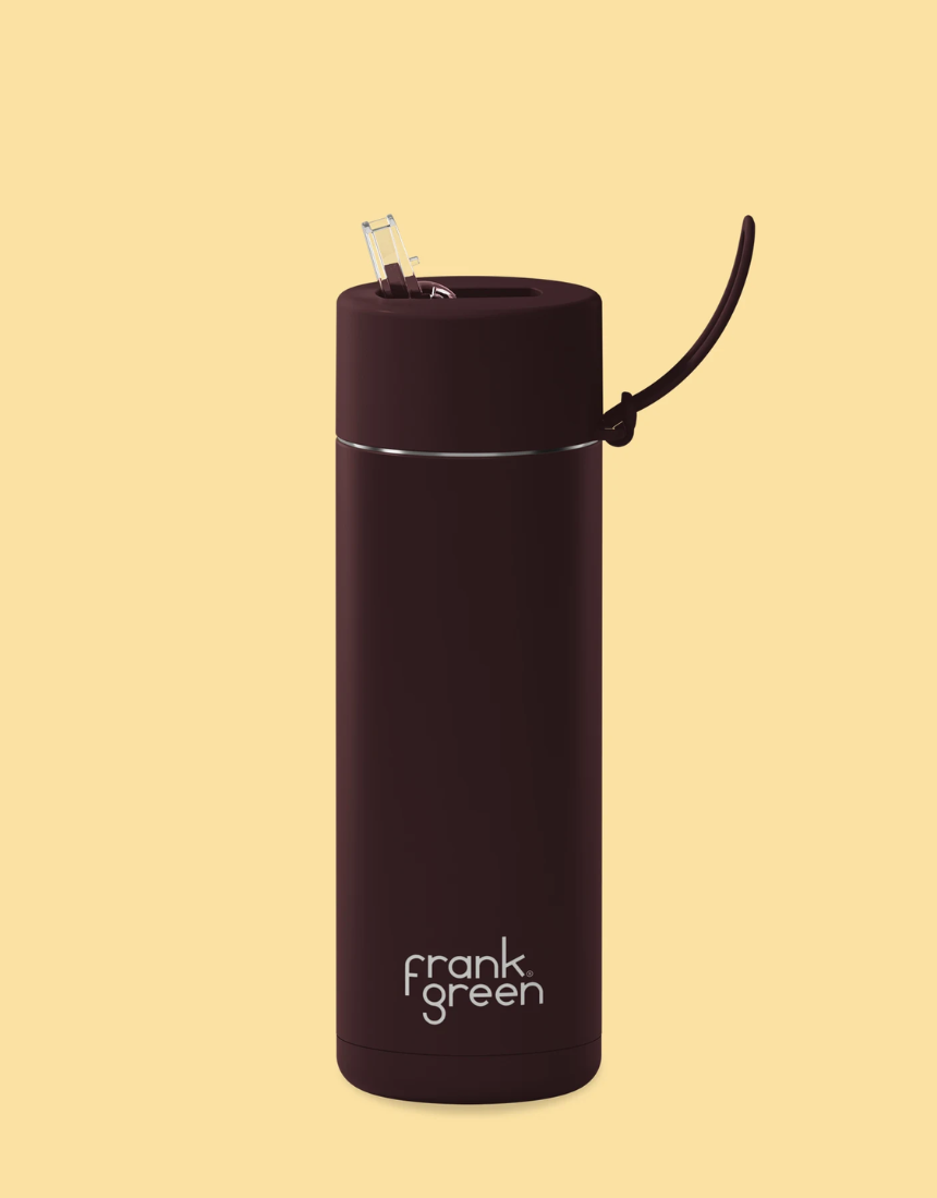 Frank Green 595ml chocolate-colored drinkware bottle, sleek design with a spill-proof lid, perfect for on-the-go beverages.