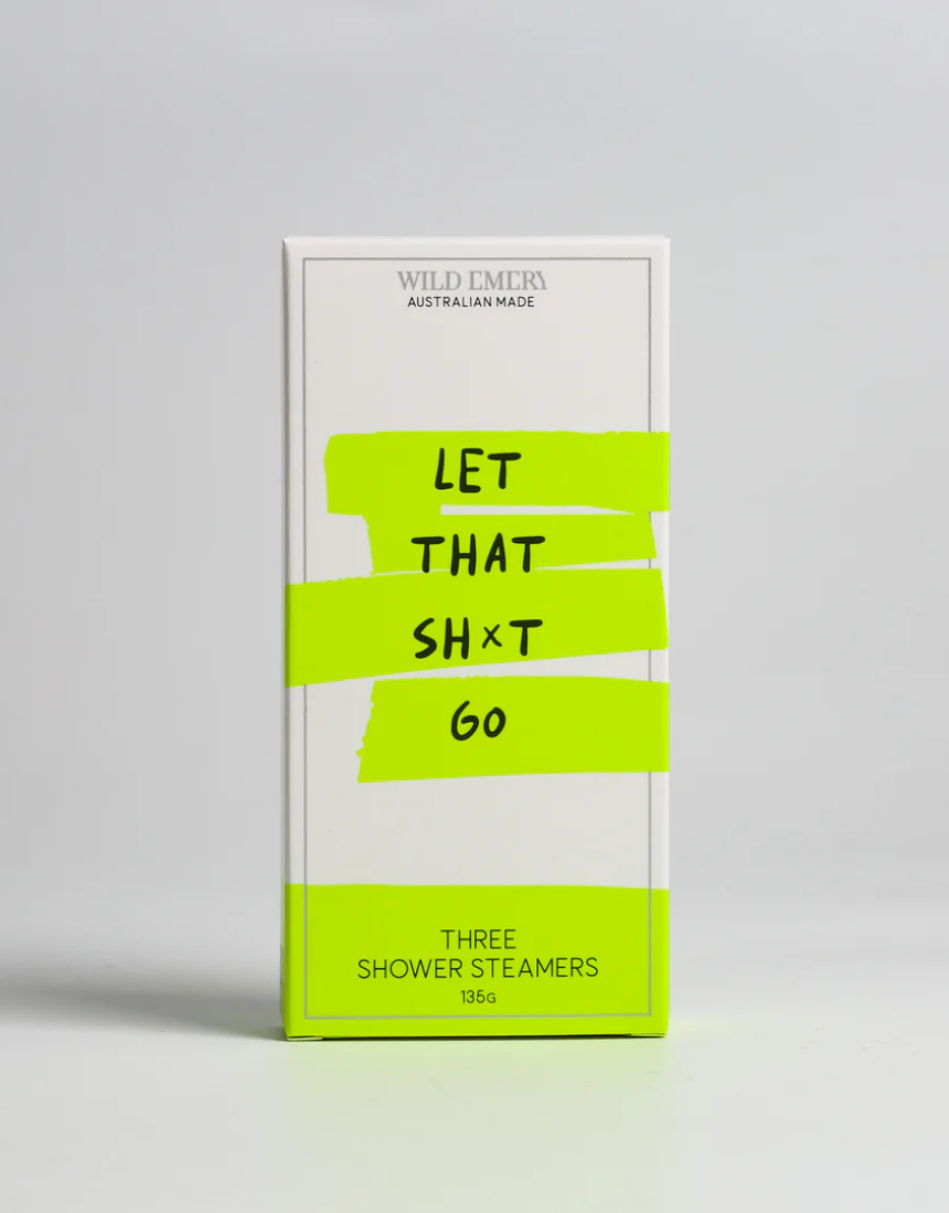 Wild Emery Let That Sh*t Go Shower Steamer 3-pack, natural bath and body product with calming aromatherapy scents.