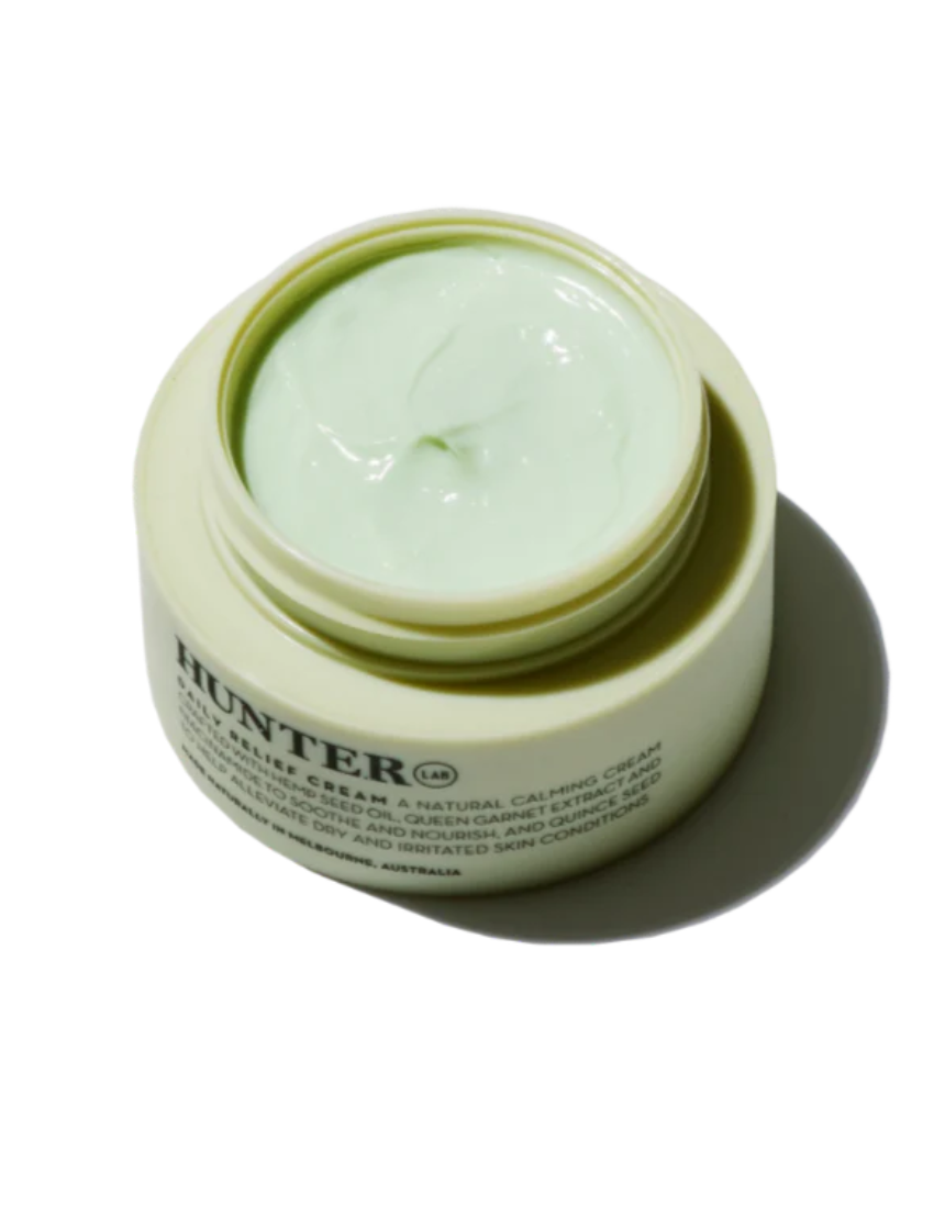 Hunter Lab Daily Relief Cream in 50ml jar, hydrating bath and body moisturizer with smooth, creamy texture and subtle branding.
