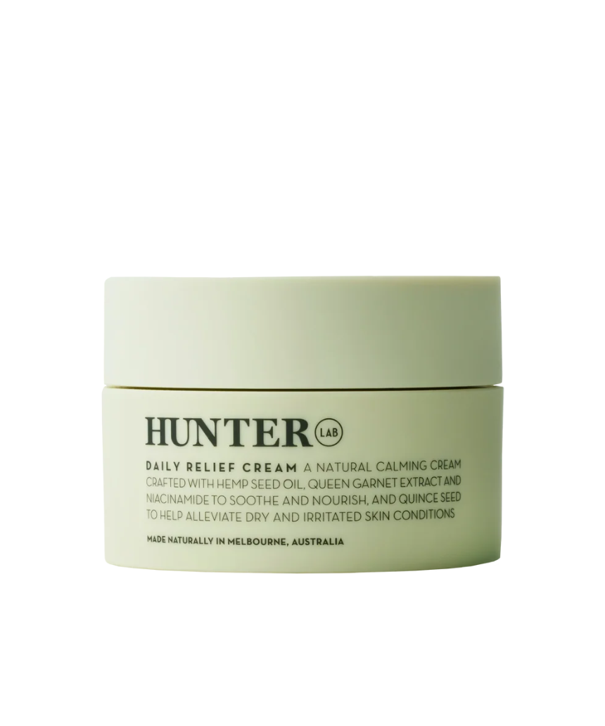 Hunter Lab Daily Relief Cream 50ml in a sleek jar, perfect for soothing and hydrating skin as part of your bath and body routine.