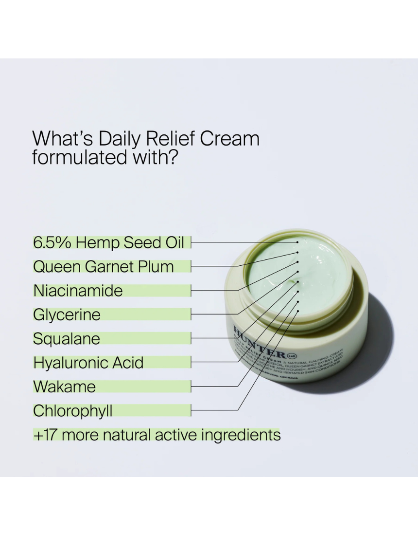 Hunter Lab Daily Relief Cream 50ml in a sleek jar, designed for soothing and hydrating skin in the bath and body skincare routine.