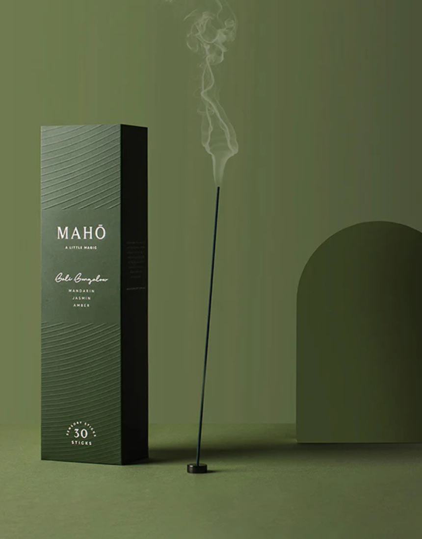 Maho Bali Bungalow Incense Kit with natural incense sticks and holder, set in a tropical-themed packaging, ideal for aromatic relaxation.