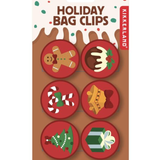 Set of 6 isAlbi Christmas bag clips, colorful kitchen accessories for sealing and decorating holiday treat bags.