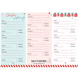 Say It Sister Christmas gift list on paper with festive designs, ideal for holiday gift planning and organizing.