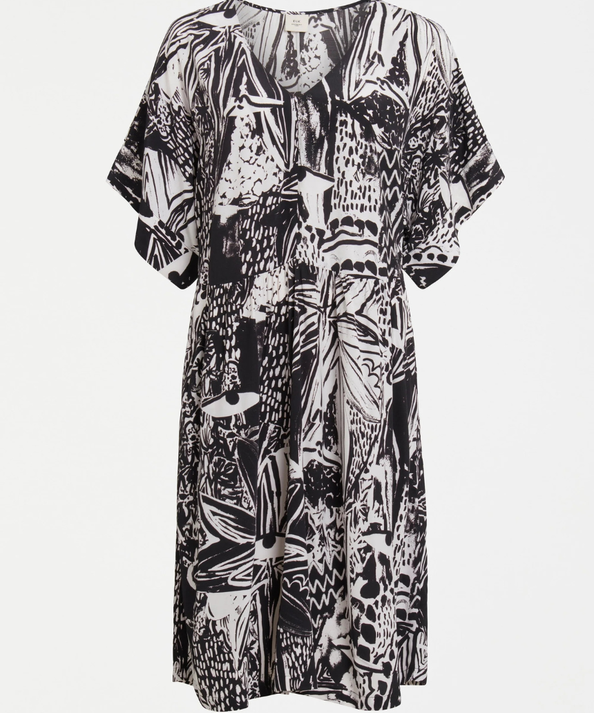 Elk Lento dress in soft fabric with a relaxed fit, featuring a V-neckline and long sleeves, displayed on a neutral background.