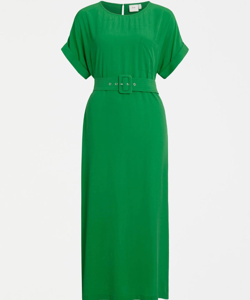 Elk Olyck Midi Dress displayed on a model, featuring a relaxed fit, soft fabric, and stylish design in natural tones.