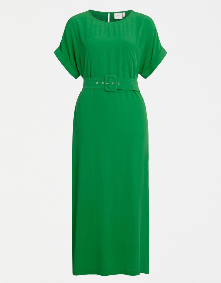 Elk Olyck Midi Dress displayed on a model, featuring a relaxed fit, soft fabric, and stylish design in natural tones.