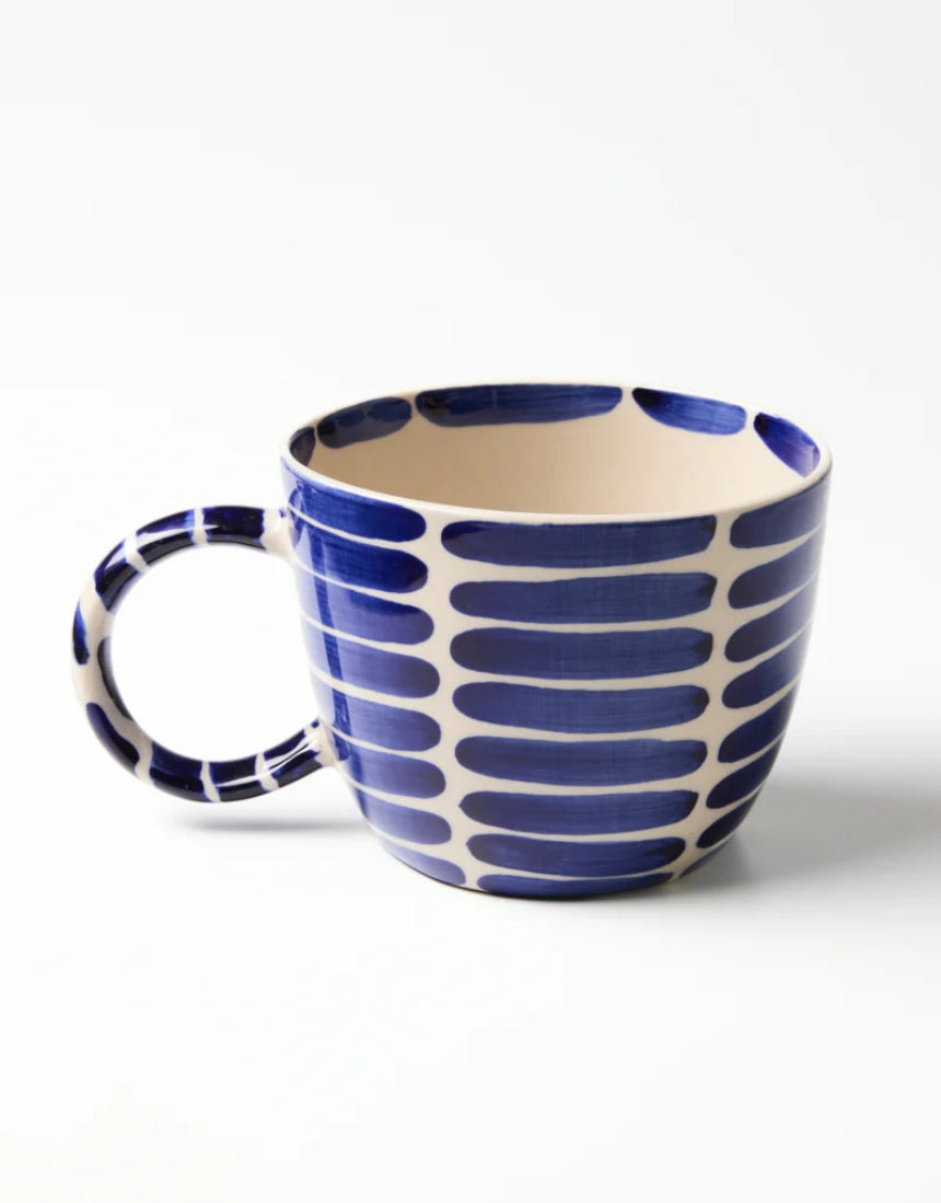 Jones & Co Chino Mug Boss Blue Stripe featuring a stylish blue striped design and sturdy ceramic construction.
