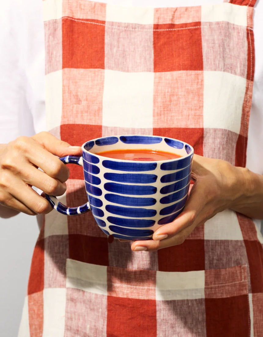 Jones & Co Chino Mug Boss Blue Stripe showing a ceramic mug with blue stripe pattern and "Boss" text design.