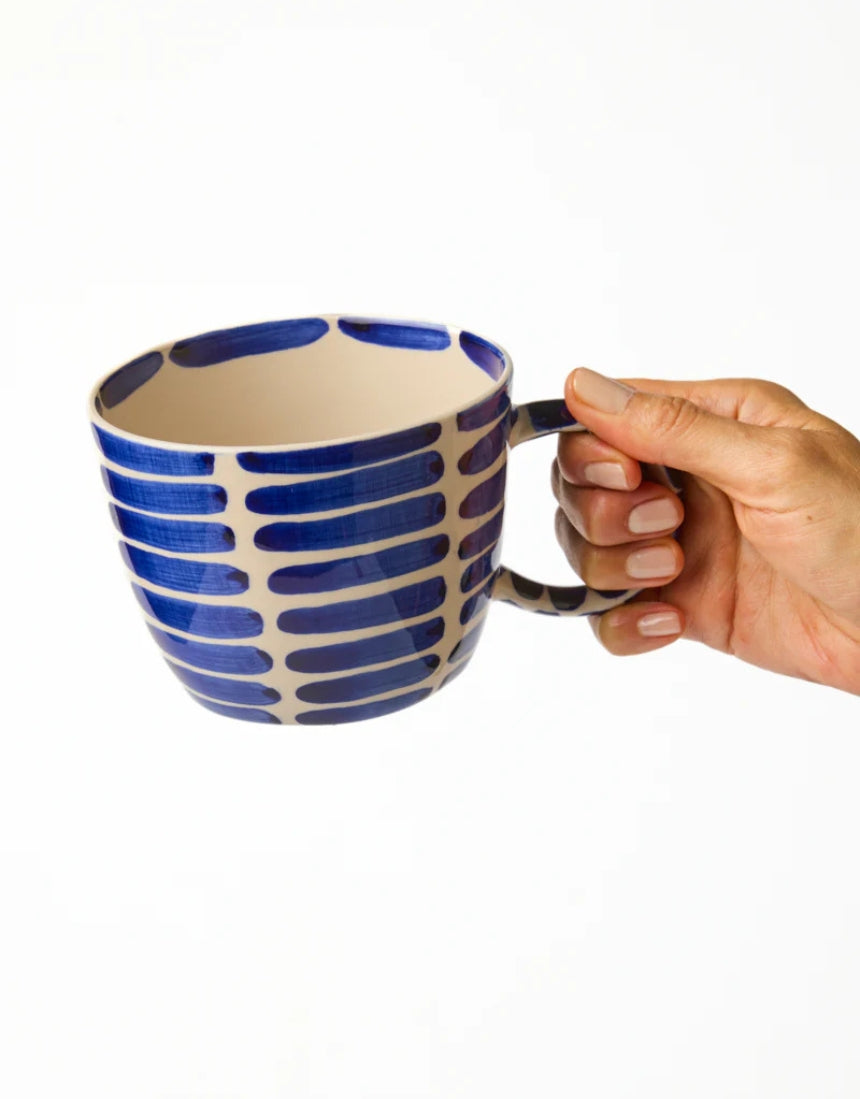 Jones & Co Chino Mug Boss Blue Stripe with bold blue and white striped design, ceramic coffee mug on a white background.