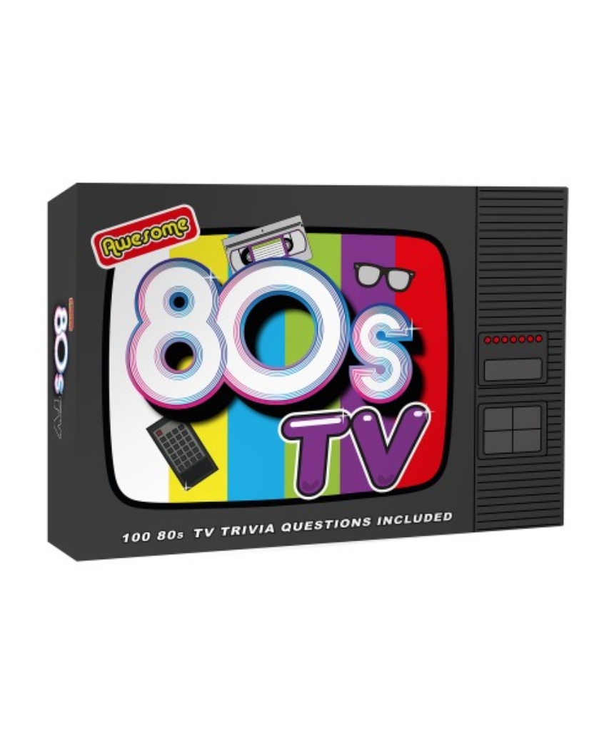 William Valentine Awesome 80s TV Trivia game box with colorful retro design and vintage TV graphics on the front.
