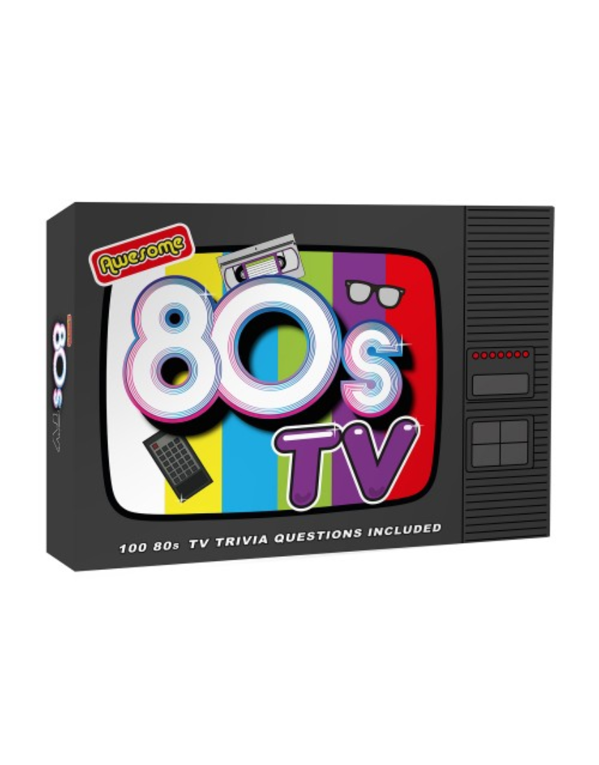 William Valentine Awesome 80s TV Trivia game box with colorful retro design and vintage TV graphics on the front.