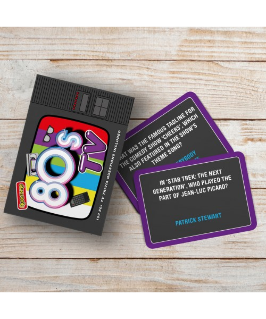 William Valentine Awesome 80s TV Trivia game box featuring colorful retro TV design and nostalgic 80s television imagery.