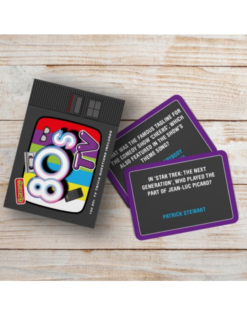 William Valentine Awesome 80s TV Trivia game box featuring colorful retro TV design and nostalgic 80s television imagery.