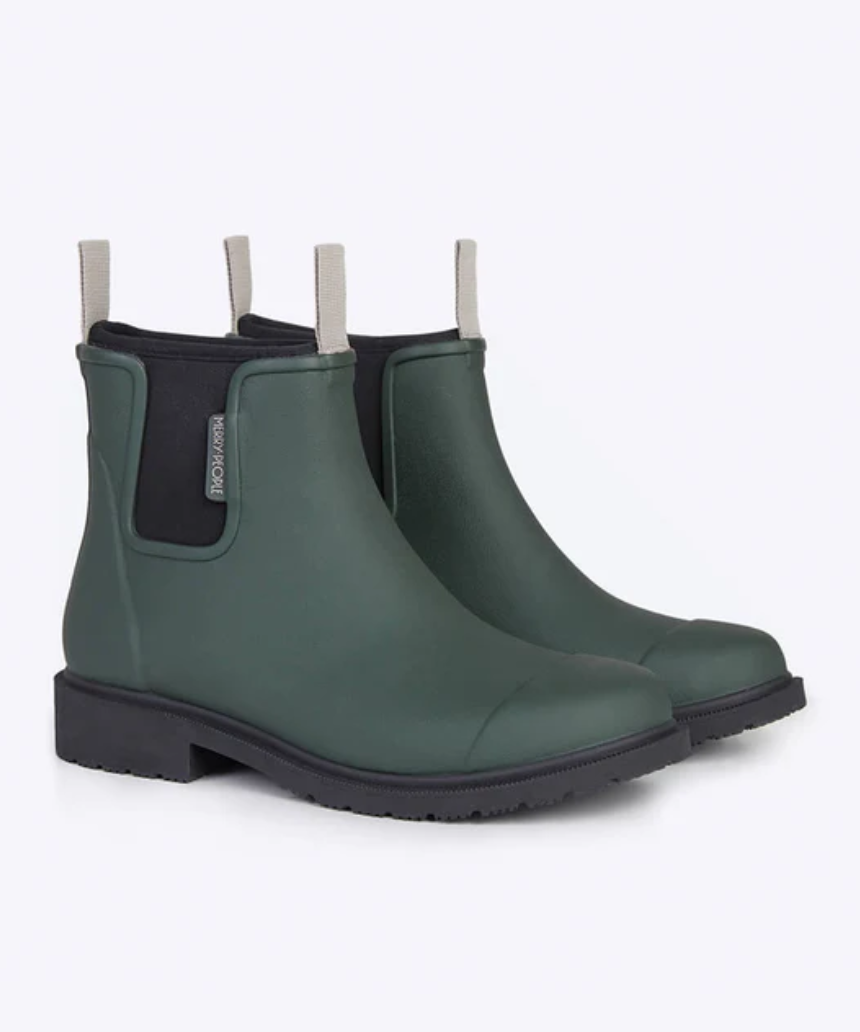 Merry People Bobbi gumboots in forest green, waterproof rubber footwear with a glossy finish and sturdy sole.