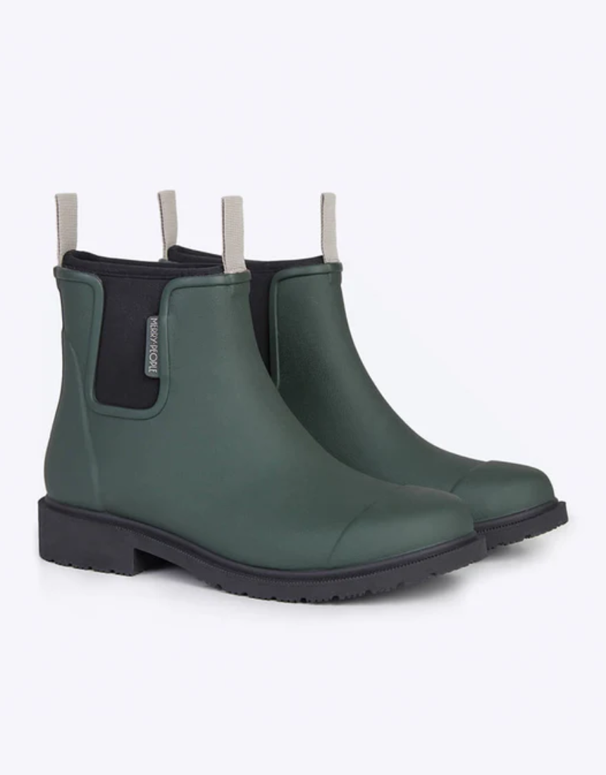 Merry People Bobbi gumboots in forest green, waterproof rubber footwear with a glossy finish and sturdy sole.