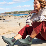 Forest green Merry People Bobbi gumboots with black soles, waterproof rubber footwear for rainy weather.