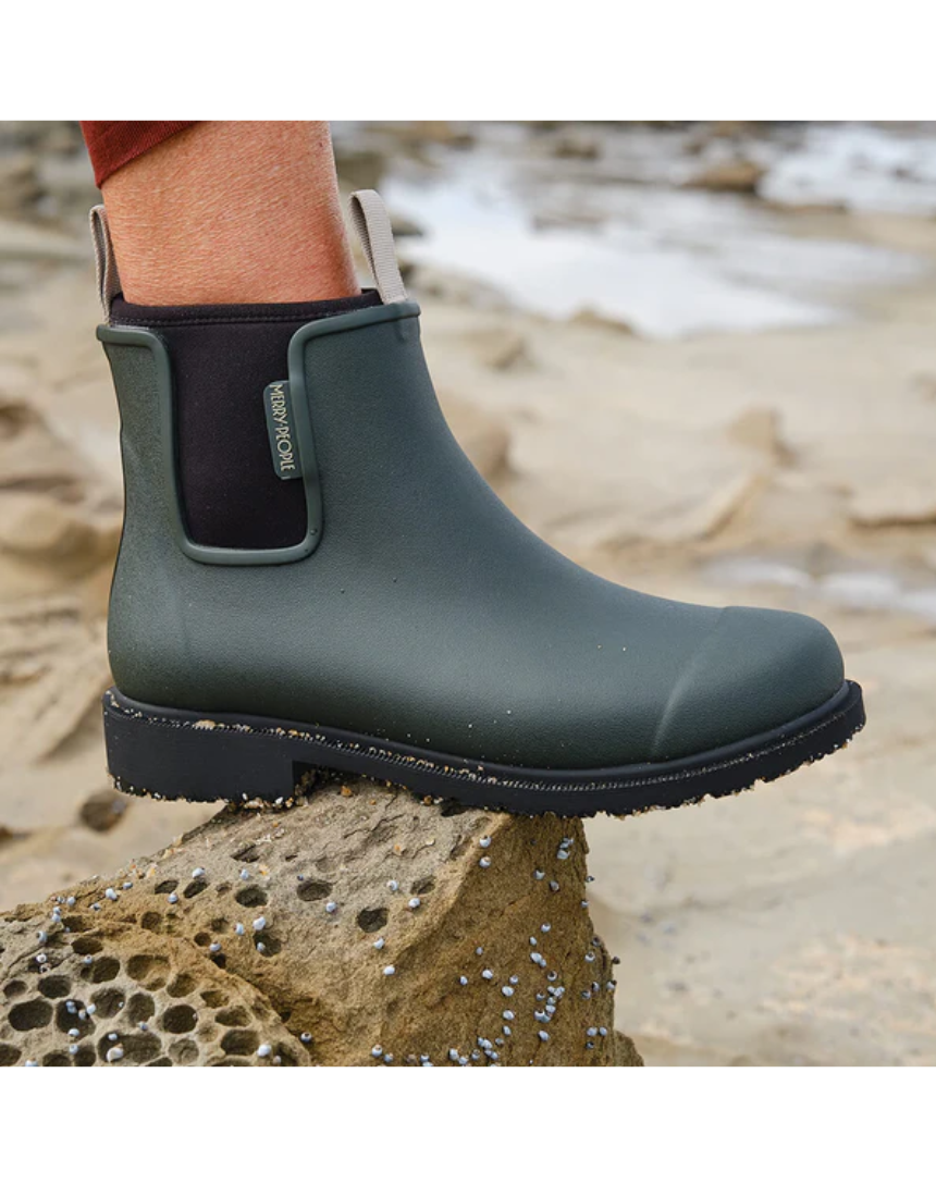 Forest green Merry People Bobbi gumboots with waterproof rubber and stylish design, perfect for rainy days.