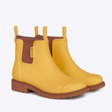 Yellow Merry People Bobbi gumboots with sunflower design, waterproof rubber footwear for rainy weather.