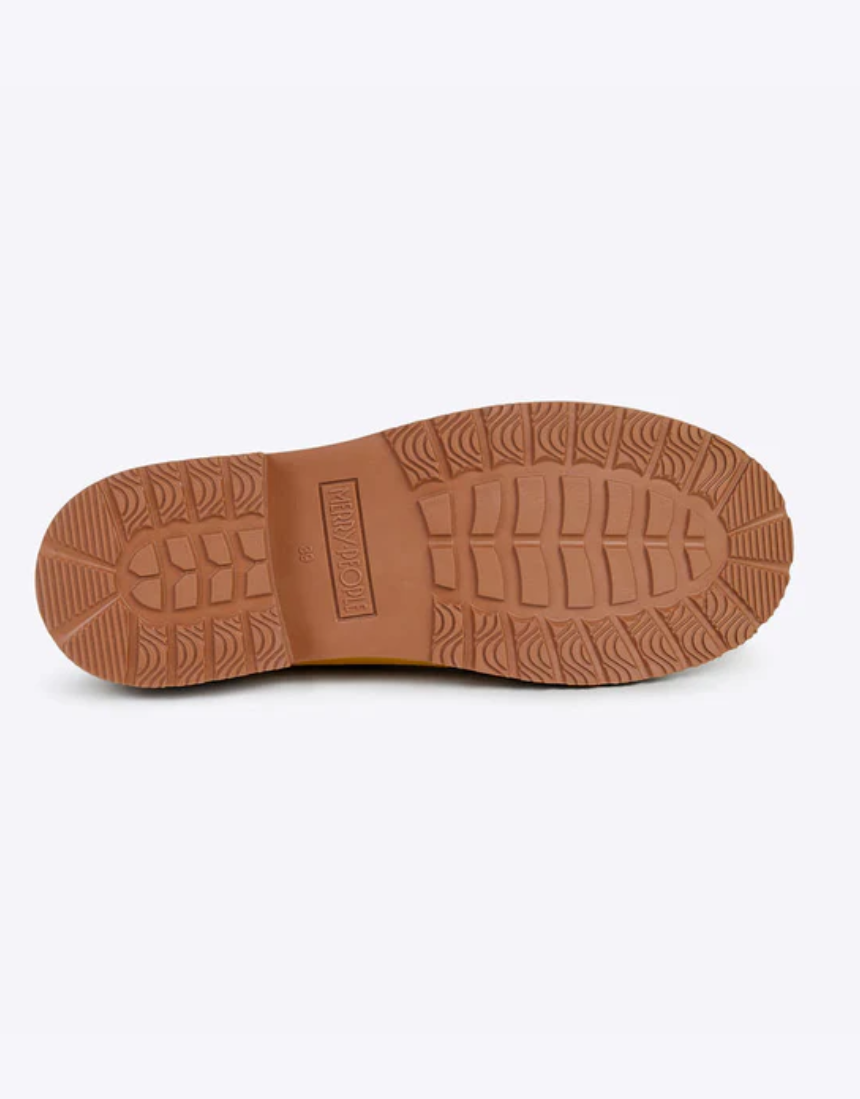 Yellow Merry People Bobbi gumboots with sunflower design, waterproof rubber footwear for rainy weather.