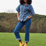 Merry People Bobbi Gumboot in Sunflower Yellow, waterproof rain boots with a vibrant yellow color and slip-resistant sole.
