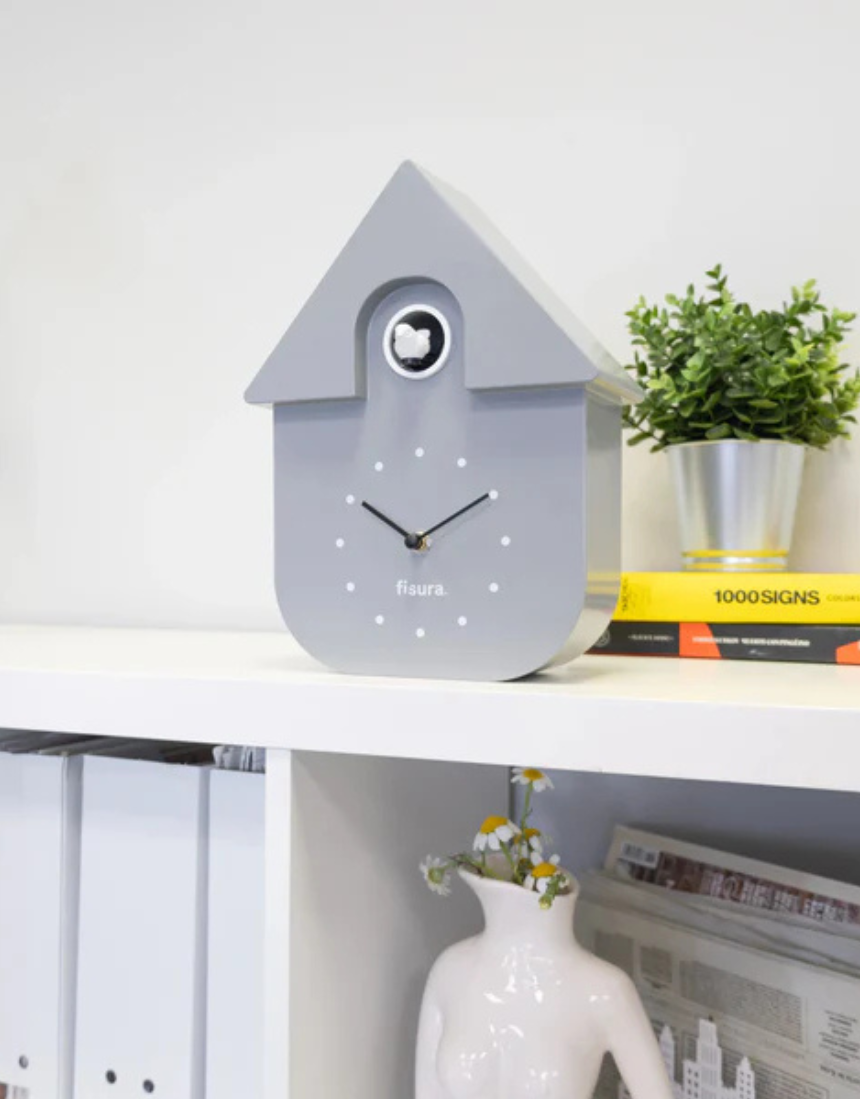 Fisura grey and black cuckoo clock house with dial, intricate wooden design and traditional clock features.