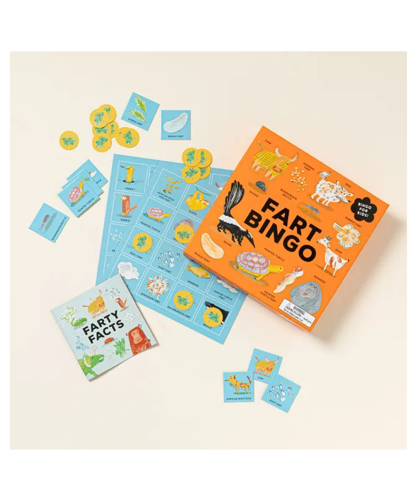 Brumby Sunstate Fart Bingo game with colorful game board and cards, featuring humorous fart-related illustrations and fun gameplay elements.