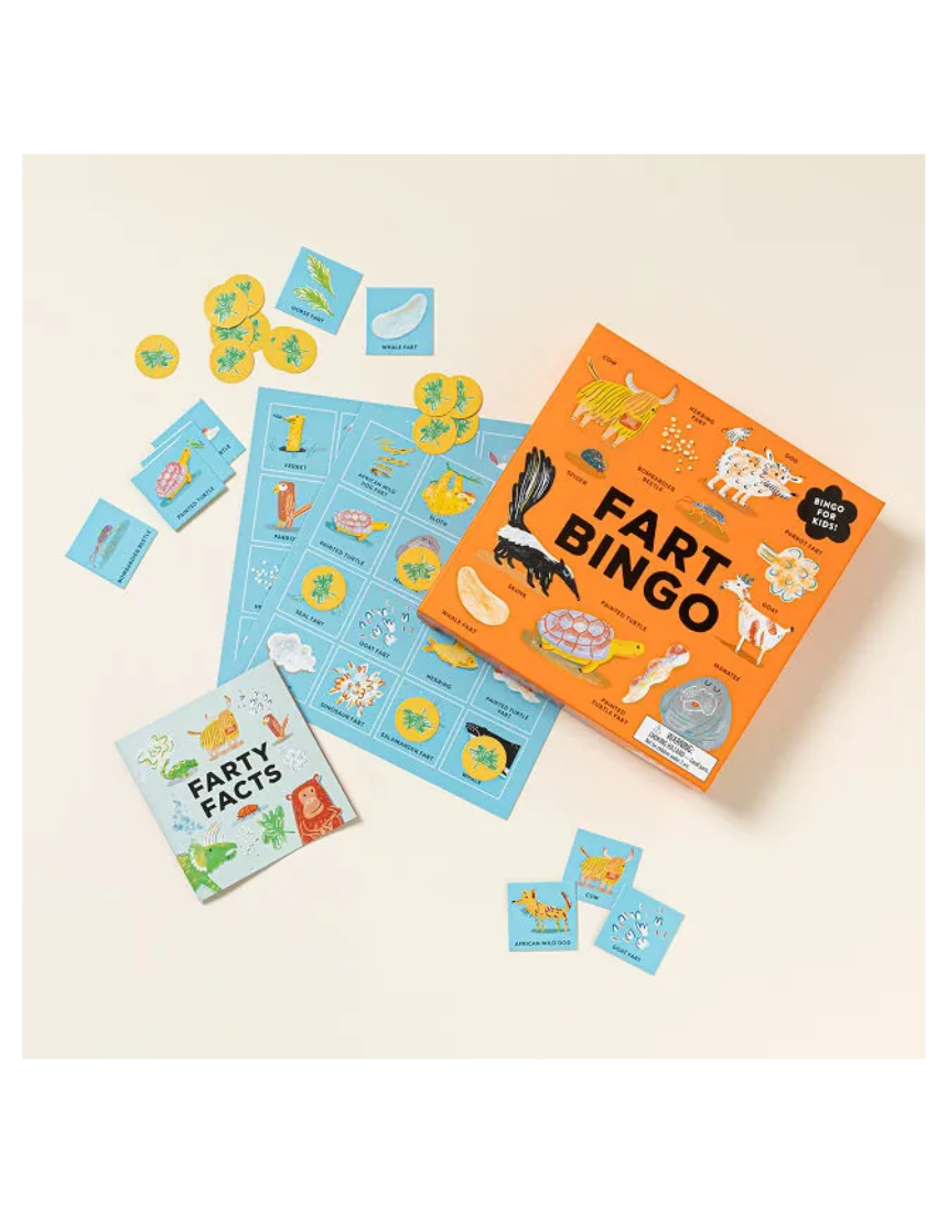 Brumby Sunstate Fart Bingo game with colorful game board and cards, featuring humorous fart-related illustrations and fun gameplay elements.