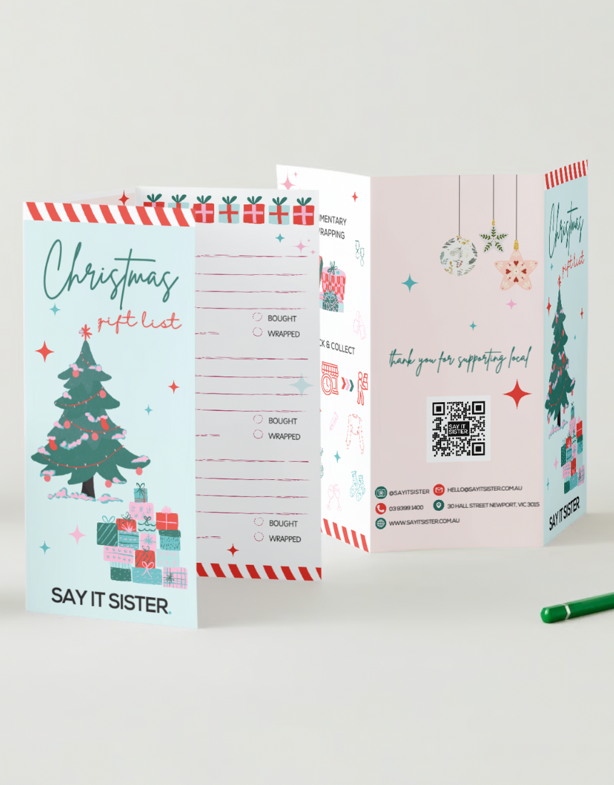 Say It Sister Christmas gift list with festive design, perfect for organizing holiday gift ideas and surprises.