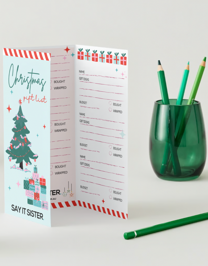 Say It Sister Christmas gift list featuring festive design, perfect for organizing holiday gifts, with cheerful holiday-themed elements.