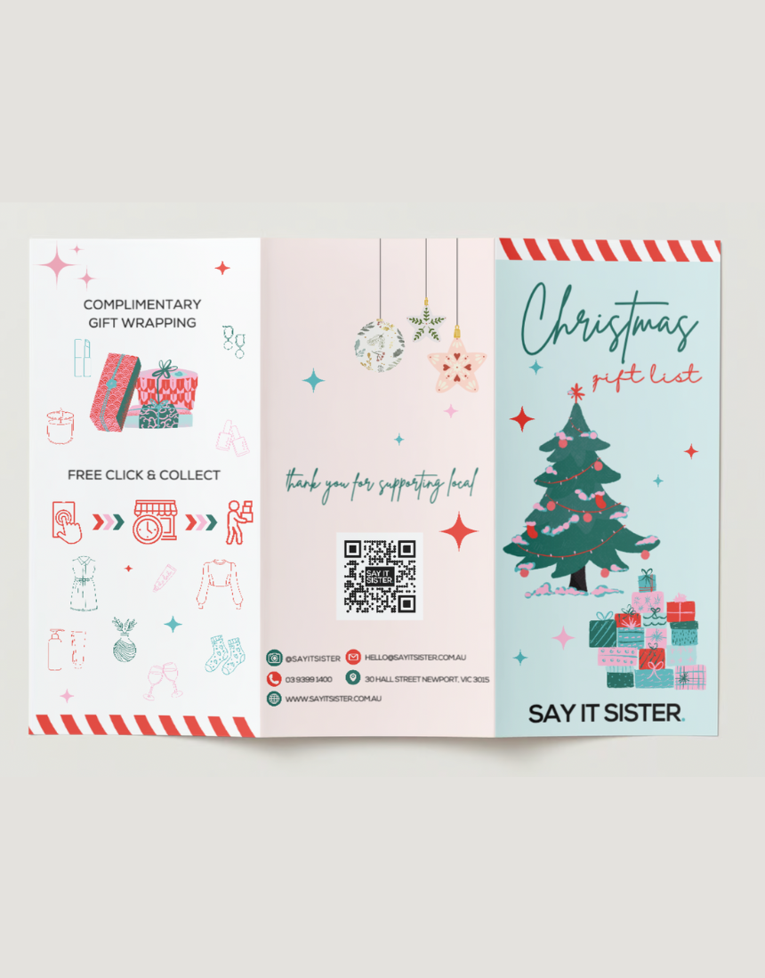 Say It Sister Christmas gift list with festive design, perfect for organizing holiday presents and holiday gift planning.