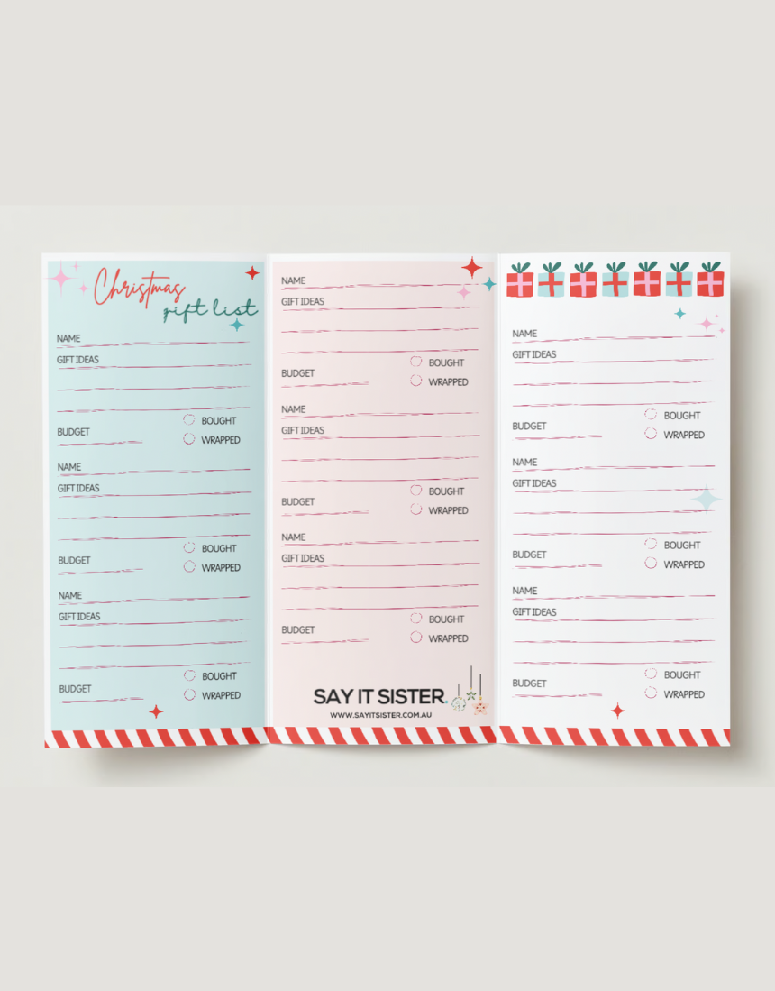 Say It Sister Christmas Gift List in festive design, ideal for organizing holiday presents and gift ideas.