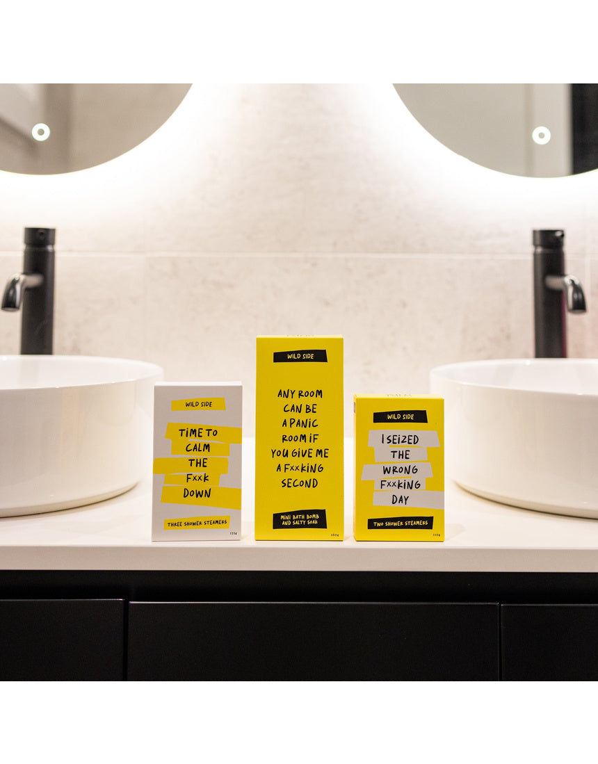 Wild Emery Any Room Can Be A Panic Room Mini Bath Bomb and Salty Soak set packaging