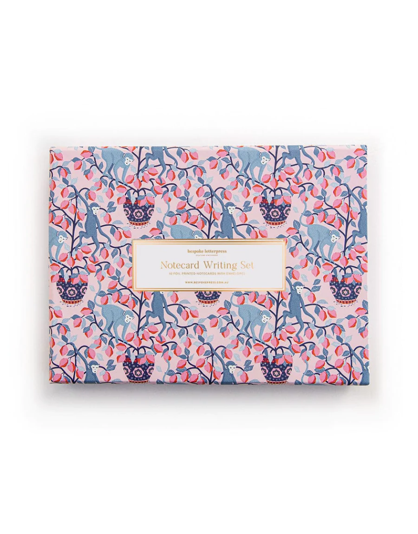 Bespoke Letterpress notecard writing box set featuring monkeys and lemons, ideal for greeting and note cards.