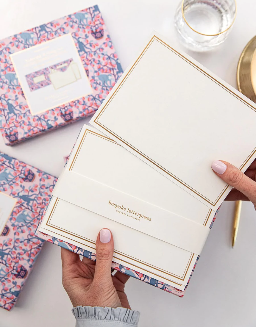 Bespoke Letterpress notecard writing box set featuring monkey and lemon illustrations, ideal for greeting and note cards.