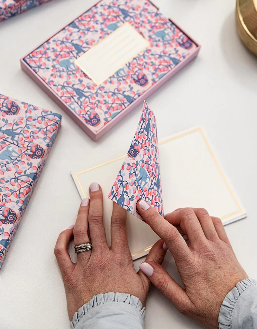 Bespoke Letterpress monkeys and lemons notecard writing box set, greeting and note cards with colorful, detailed illustrations.