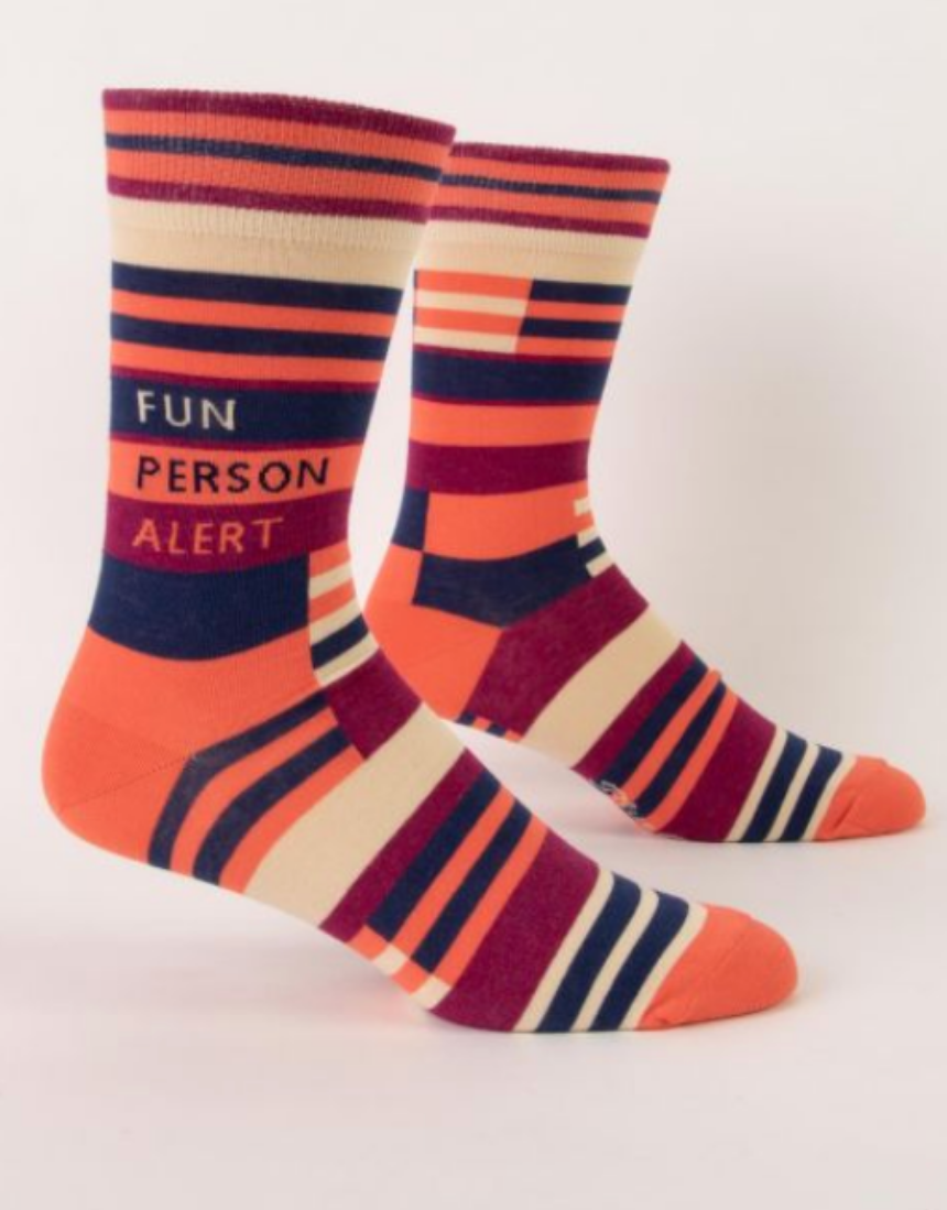 Blue Q Fun Person Alert M-Crew Socks featuring colorful, playful design with blue and vibrant patterns on comfortable crew socks.